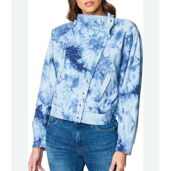 BLANK NYC Tie Dye Denim Utility Moto Jacket In Blue Tide Is High Sz S New - Picture 2 of 10